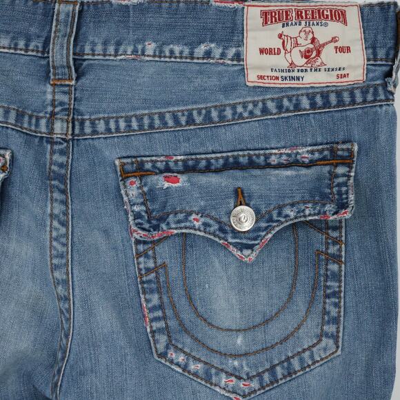 True Religion Jeans Mens 40 x 34 Waist Blue Denim Skinny Flap Pockets Distressed - Picture 12 of 16